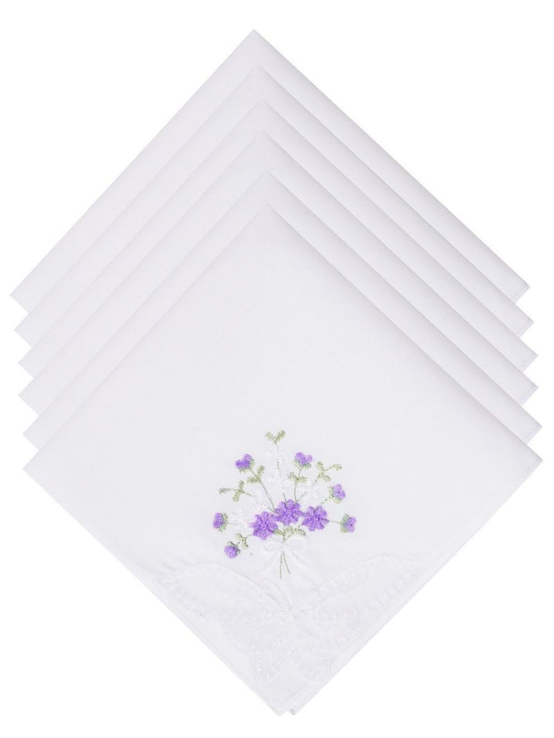 Selected Hanky Women's Cotton Handkerchiefs Flower Embroidered with Lace, Ladies Hankies 6 Pcs - Purple Floral - Image 1